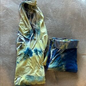 Tie-Dye Hoodie and Sweatpants Set - Blue and Yellow